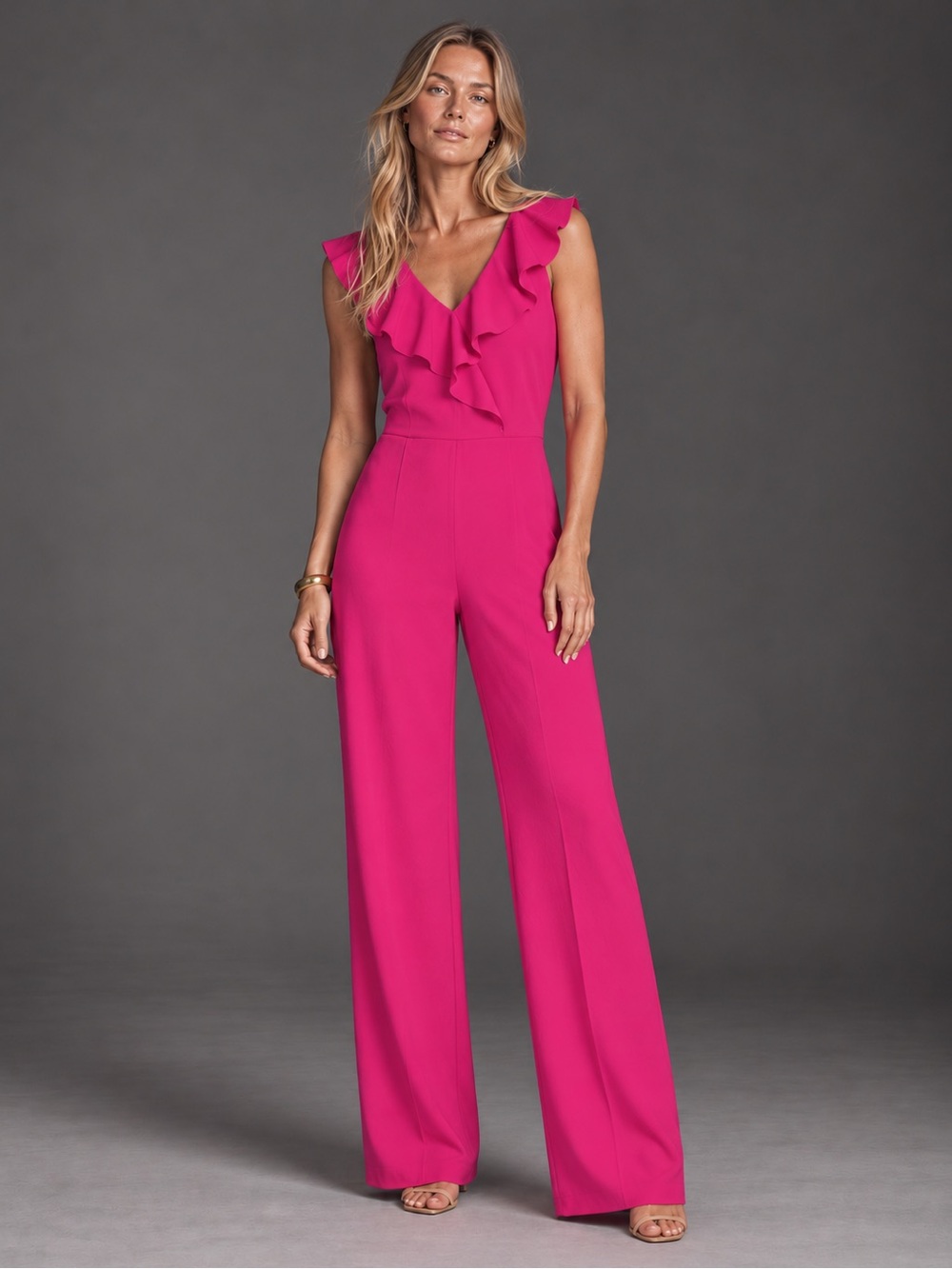 bebe Fuchsia Ruffle V-Neck Wide-Leg Jumpsuit L NWT